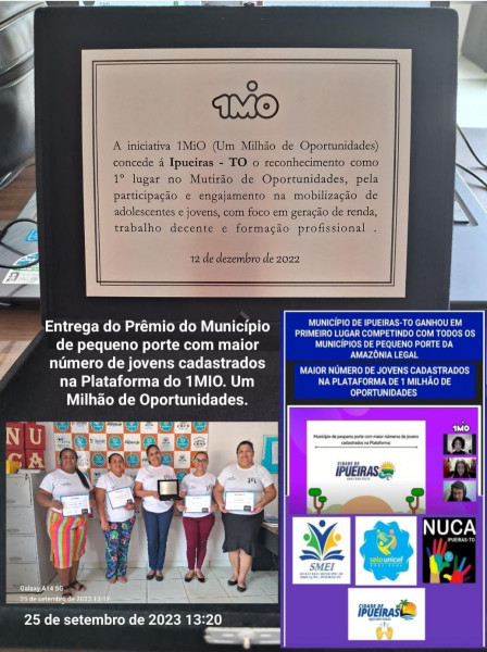 Entrega da Premiação ao Município de pequeno porte com maior número de jovens cadastrados na Plataforma do 1MIO( 1 Milhão de Oportunidades) do SELO UNICEF, Amazônia Legal.